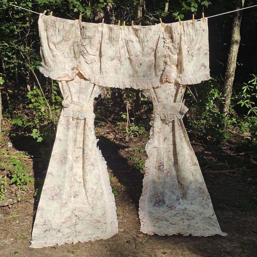 Vintage Handmade Romantic Cottage Floral Damusk Curtain Set - 2 Panels, Valence